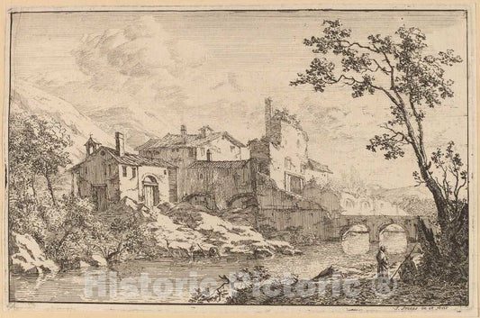 Art Print : Jan Smees, Houses at The Side of a River - Vintage Wall Art