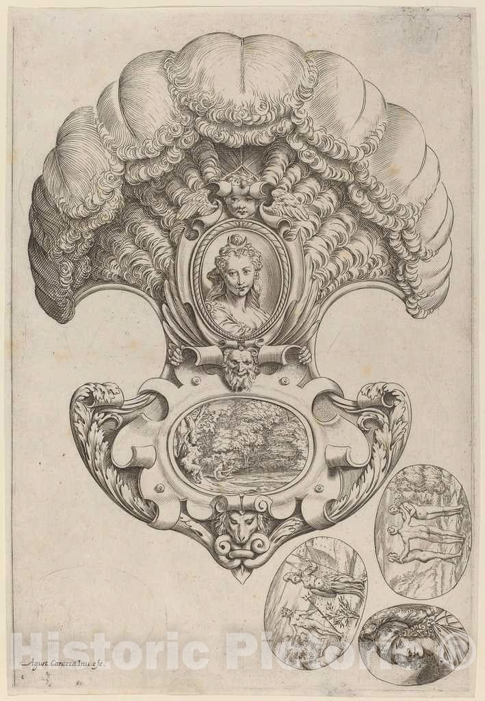 Art Print : Agostino Carracci, A Headpiece in The Form of a Fan, c.1592 - Vintage Wall Art