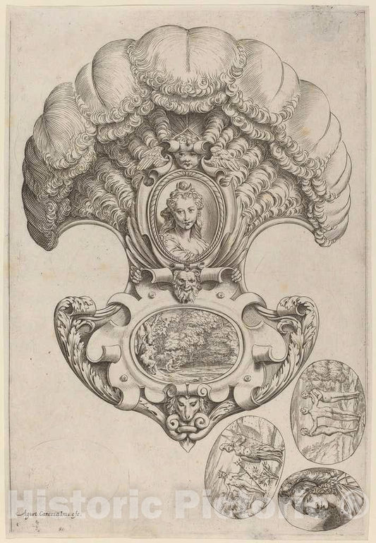 Art Print : Agostino Carracci, A Headpiece in The Form of a Fan, c.1592 - Vintage Wall Art