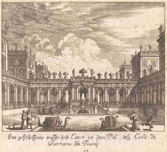 Art Print : KÃ¼sel After Johann Wilhelm Baur, Palace and Canal, Cardinal di Ferrara, Tivoli, 1681 - Vintage Wall Art