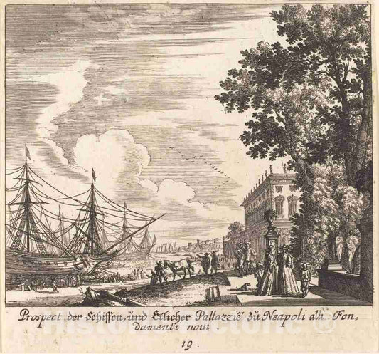 Art Print : KÃ¼sel After Johann Wilhelm Baur, Ships, Fondamenti Novi, Naples, 1681 - Vintage Wall Art