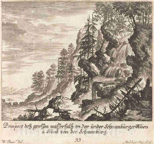 Art Print : KÃ¼sel After Johann Wilhelm Baur, Large Waterfall, Schwanburg, 1681 - Vintage Wall Art