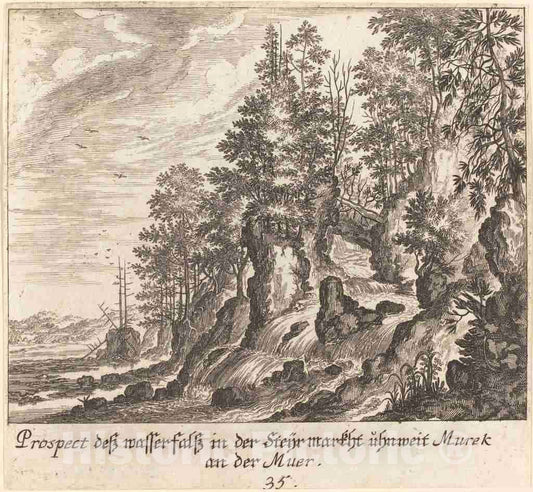 Art Print : KÃ¼sel After Johann Wilhelm Baur, Waterfall, 1681 - Vintage Wall Art