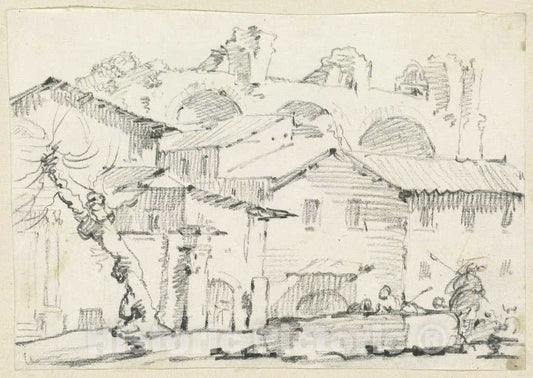 Art Print : Joseph-Marie Vien, Houses on The North Side of The Forum with The Basilica of Maxentius Beyond, c.1748 - Vintage Wall Art