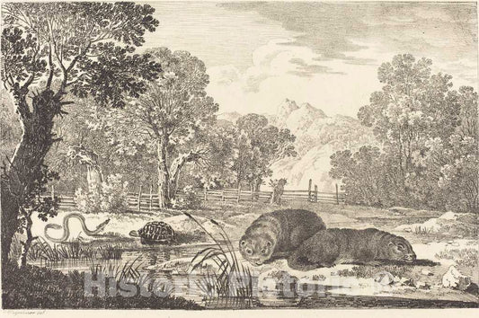 Art Print : Max Joseph Wagenbauer, River Landscape with Two Beavers, 1807 - Vintage Wall Art