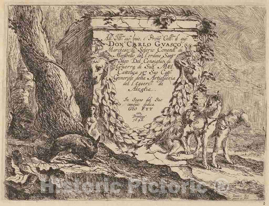 Art Print : Jan Fyt, Title Page: Pedestal and a Pair of Dogs, 1642 - Vintage Wall Art