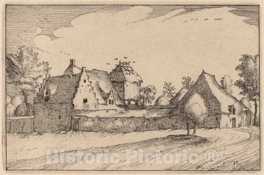 Art Print : Visscher After Van Doetechum, Walled Farm, 1612 - Vintage Wall Art