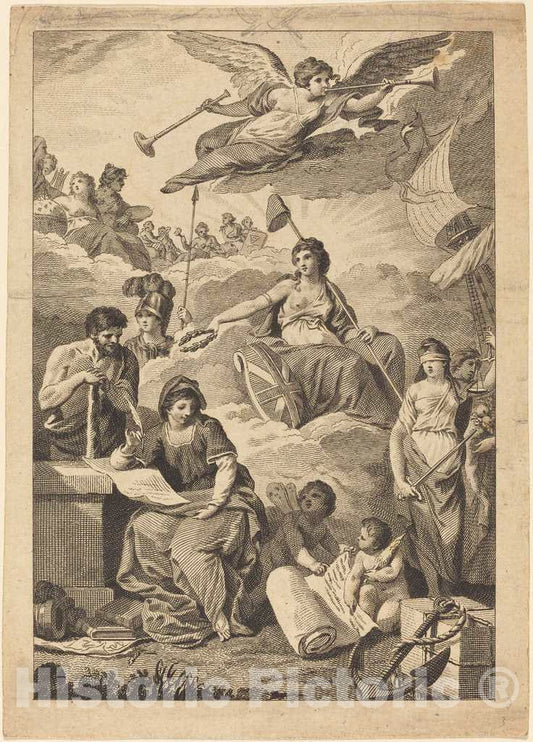 Art Print : Allegorical Figure of Britannia (?) with Hercules, (Mars?), Justice and Others, 19th Century - Vintage Wall Art