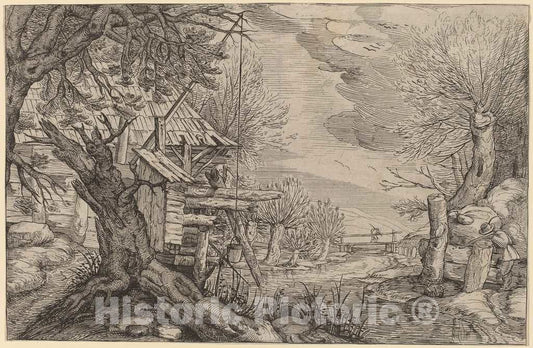 Art Print : Landscape with Log House Near a River - Vintage Wall Art