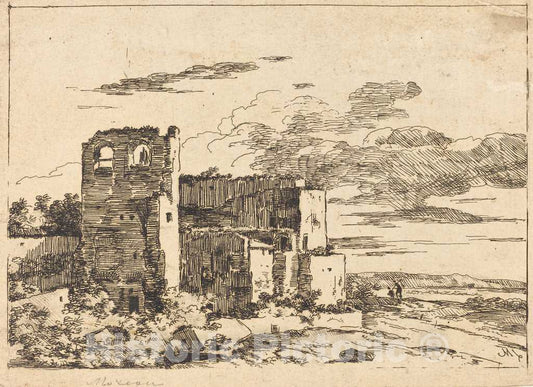 Art Print : Louis Gabriel Moreau, Ruined Buildings Near a River Bank - Vintage Wall Art