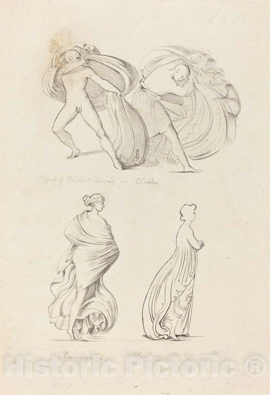 Art Print : Noel Humphreys After Flaxman, Drapery, Three Figures, a Bacchante and Two from Nature, 1829 - Vintage Wall Art