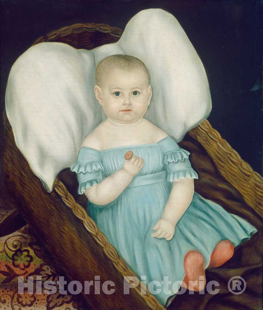 Art Print : Joseph Whiting Stock, Baby in Wicker Basket, c. 1840 - Vintage Wall Art