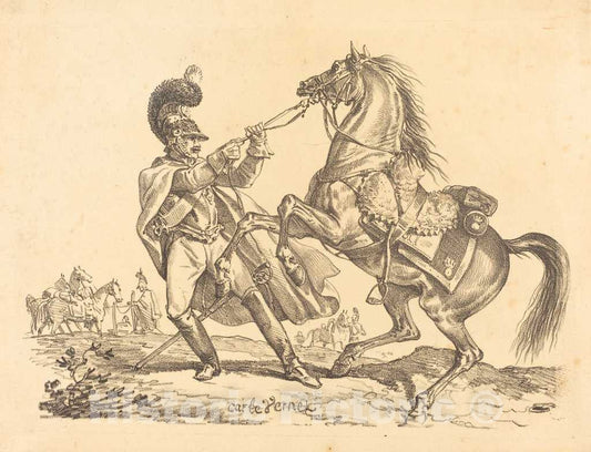 Art Print : Carle Vernet, Cuirassier retenant Son Cheval qui se cabre, in or After 1816 - Vintage Wall Art