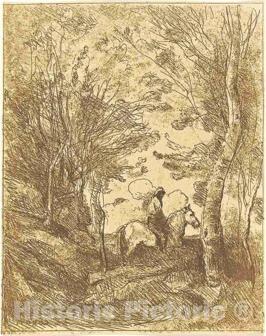 Art Print : Baptiste-Camille Corot, Horseman in The Woods, Large Plate (Le Grand Cavalier Sous Bois), c. 1854 - Vintage Wall Art