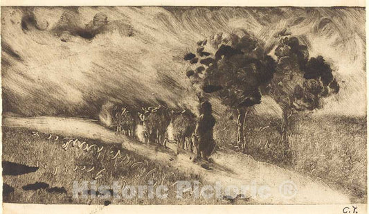 Art Print : Camille Pissarro, Herding The Cows at Dusk (VachÃ¨re le soir), c. 1890 - Vintage Wall Art
