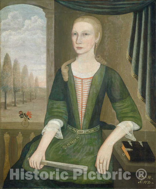 Art Print : The Gansevoort Limner, Young Lady with a Fan, 1737 - Vintage Wall Art