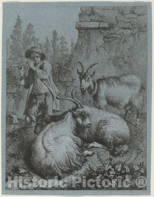 Art Print : Francesco Londonio, Goatherd Piping to Four Goats - Vintage Wall Art