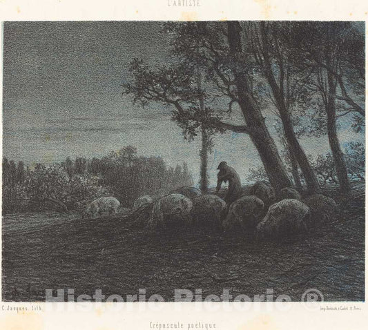 Art Print : Charles Ã‰mile Jacque, Crepuscule poetique (Poetical Twilight), c. 1853 - Vintage Wall Art