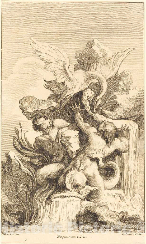 Art Print : Aveline After Boucher, Two Tritons and a Swan, in or After 1736 - Vintage Wall Art