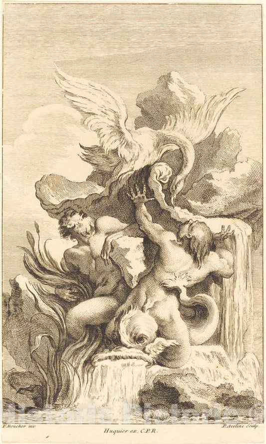 Art Print : Aveline After Boucher, Two Tritons and a Swan, in or After 1736 - Vintage Wall Art