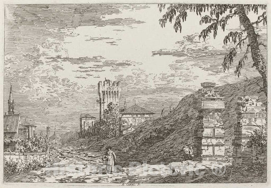 Art Print : Canaletto, Landscape with Tower and Two Ruined Pillars [Left], c.1741 - Vintage Wall Art
