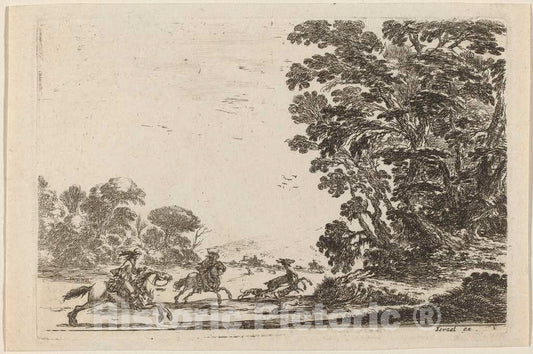 Art Print : Stefano Della Bella, Forest with Deer Hunt, 1642 - Vintage Wall Art