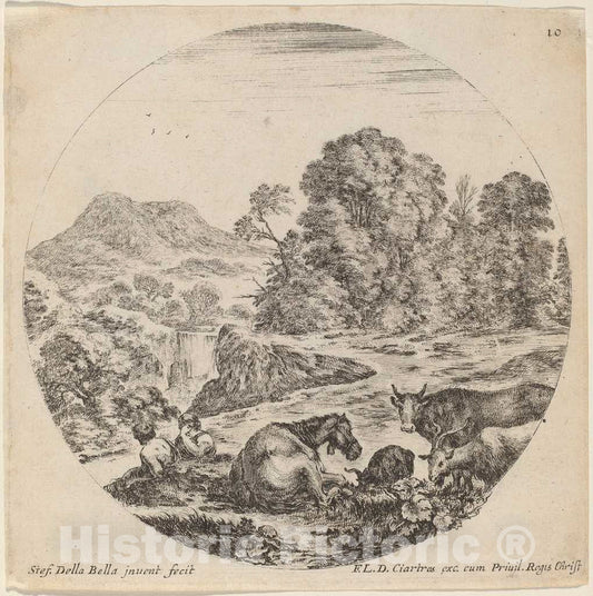 Art Print : Stefano Della Bella, Landscape with Animals and Two Seated Shepherds, 1646 - Vintage Wall Art