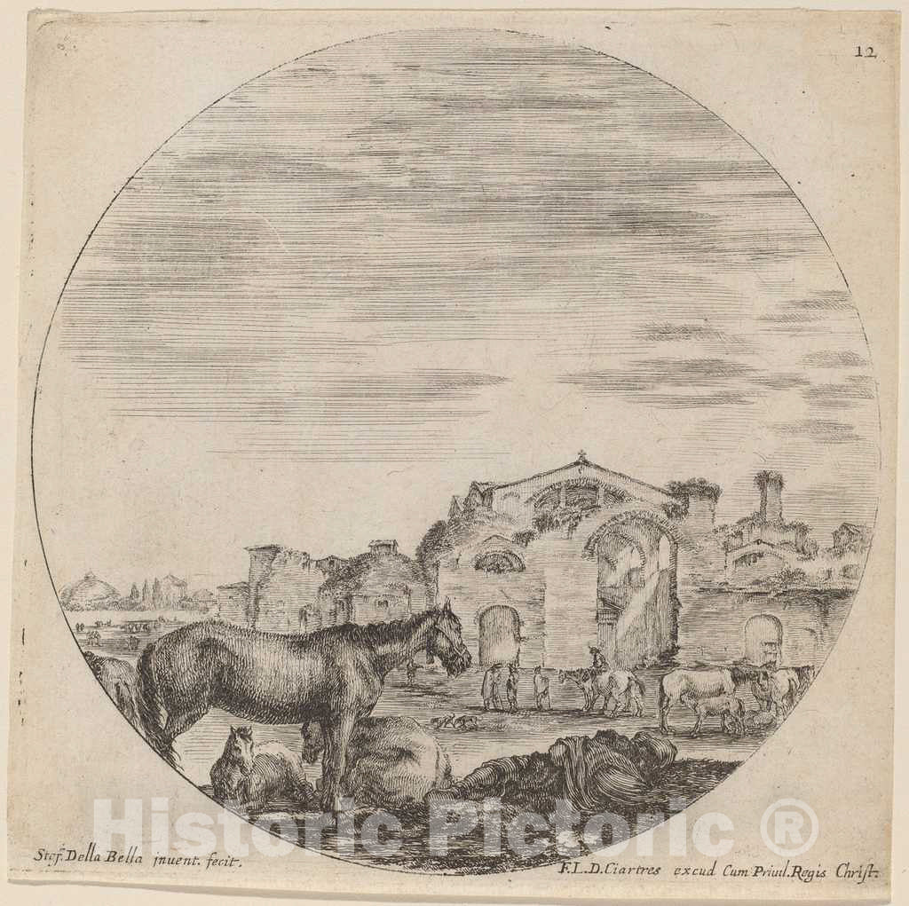 Art Print : Stefano Della Bella, Baths of Diocletian and Shepherd Sleeping, 1646 - Vintage Wall Art