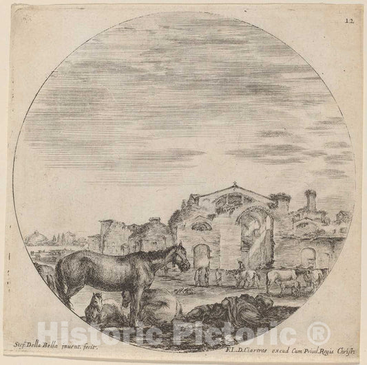 Art Print : Stefano Della Bella, Baths of Diocletian and Shepherd Sleeping, 1646 - Vintage Wall Art