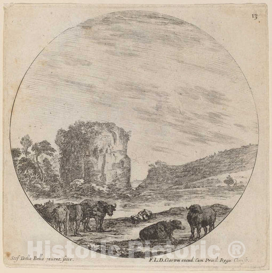 Art Print : Stefano Della Bella, Landscape with Antique Ruins, 1646 - Vintage Wall Art