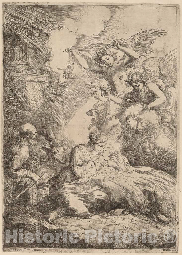 Art Print : Bartolomeo Biscaino, The Holy Family Adored by Angels (The Large Nativity) - Vintage Wall Art