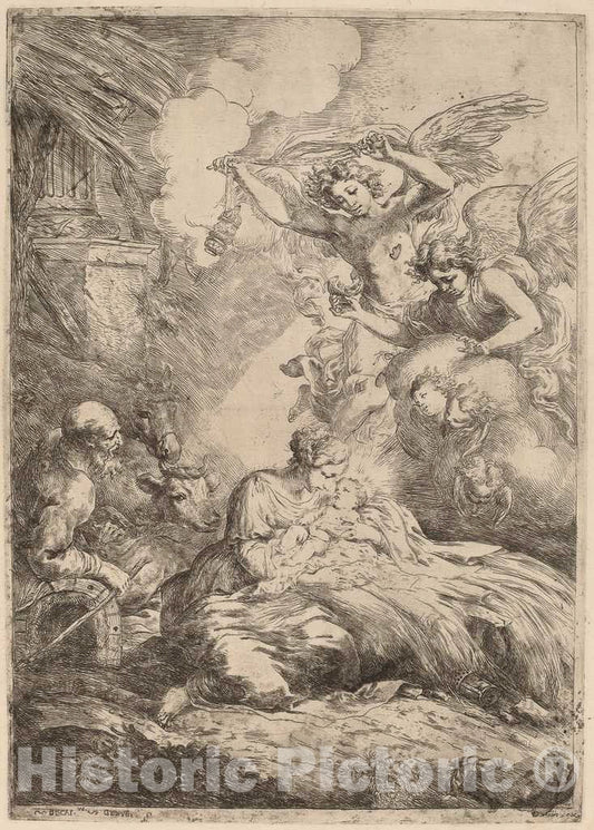 Art Print : Bartolomeo Biscaino, The Holy Family Adored by Angels (The Large Nativity) - Vintage Wall Art
