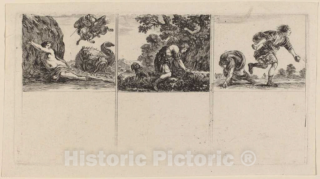 Art Print : Stefano Della Bella, Perseus and Andromeda; Cephalus and Procris; Hippomene and Atalantus, 1644 - Vintage Wall Art