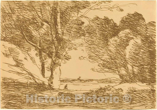 Art Print : Baptiste-Camille Corot, Tower on The Horizon of a Lake (Tour a l'horizon d'un lac), 1871 - Vintage Wall Art