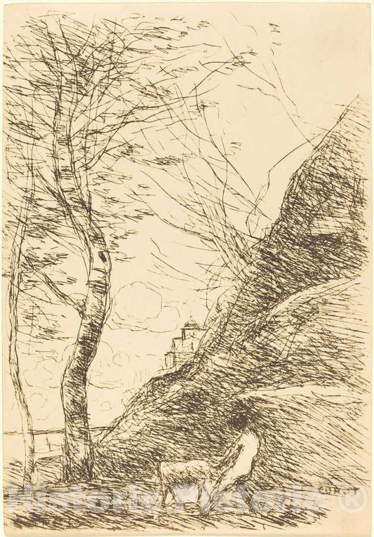 Art Print : Baptiste-Camille Corot, Shepherd Struggling with a Goat (Berger luttant avec sa Chevre), 1874 - Vintage Wall Art