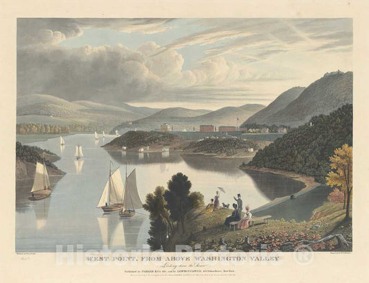 Art Print : Bennett After Cooke, West Point, from Above Washington Valley: Looking Down The River, 1834 - Vintage Wall Art