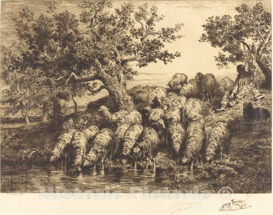 Art Print : Charles Ã‰mile Jacque, Sheep at The Watering Place (Abreuvoir aux moutons), 1888 - Vintage Wall Art