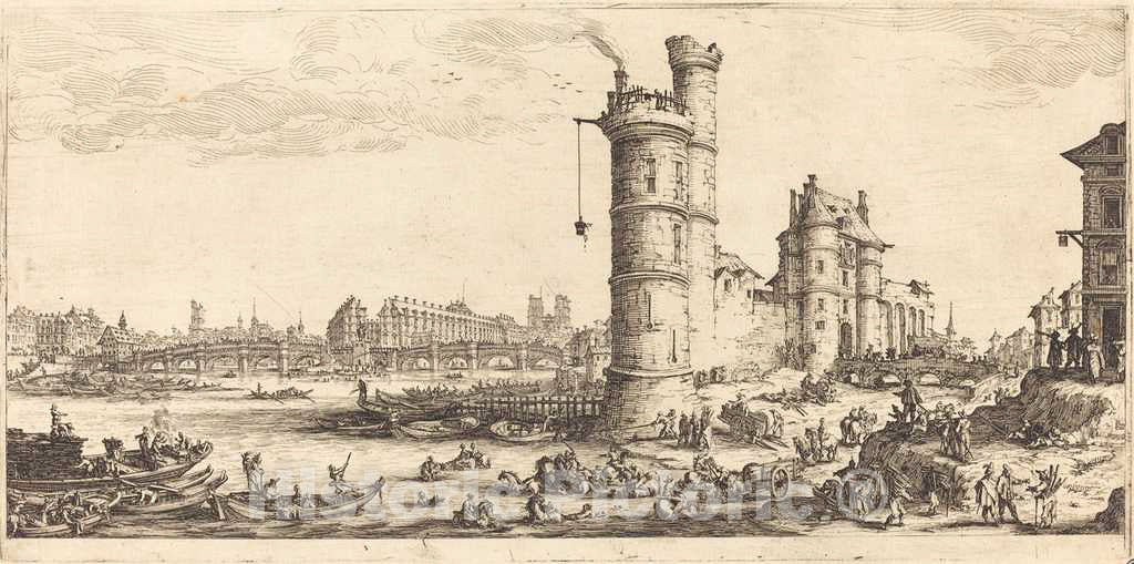 Art Print : Jacques Callot, View of The Pont Neuf, 1629 - Vintage Wall Art