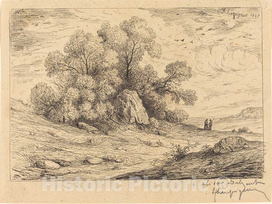 Art Print : Henri-Joseph Harpignies, Bouquet d'arbres aux rochers (Stand of Trees with Rocks), 1847 - Vintage Wall Art