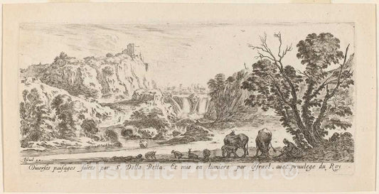 Art Print : Stefano Della Bella, Landscape with Waterfall, 1641 - Vintage Wall Art