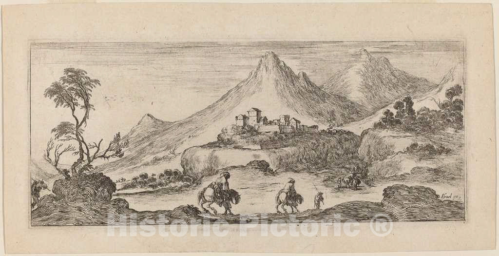 Art Print : Stefano Della Bella, Landscape with Castle, 1641 - Vintage Wall Art