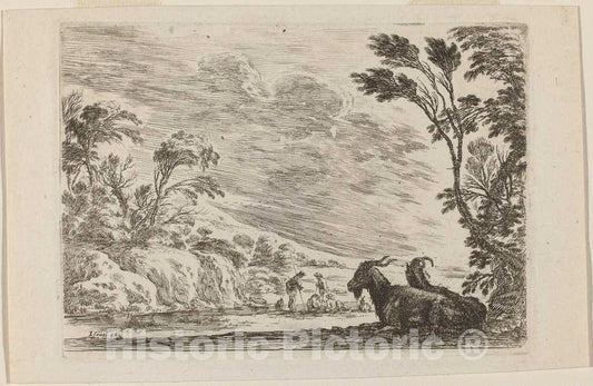 Art Print : Stefano Della Bella, Two Goats Lying Down, 1642 - Vintage Wall Art