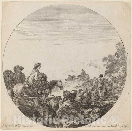 Art Print : Stefano Della Bella, Shepherds and Flock with Woman and Camel, 1646 - Vintage Wall Art