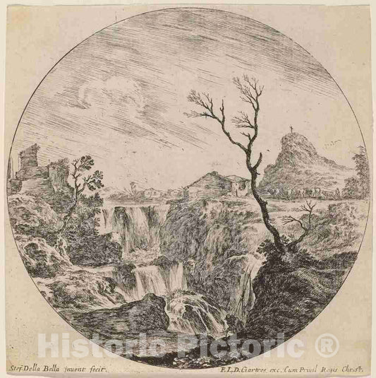 Art Print : Stefano Della Bella, Waterfall with Three Tiers, 1646 - Vintage Wall Art