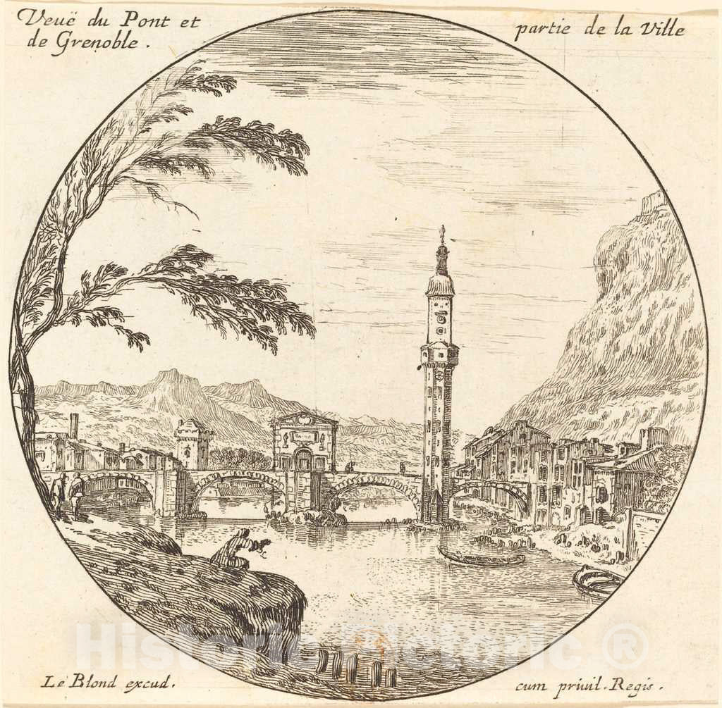 Art Print : IsraÃ«l Silvestre, Veue de Pont et Partie de la Ville de Grenoble - Vintage Wall Art
