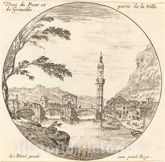 Art Print : IsraÃ«l Silvestre, Veue de Pont et Partie de la Ville de Grenoble - Vintage Wall Art
