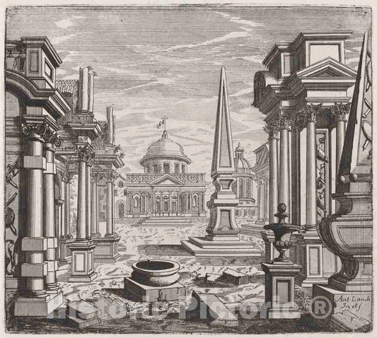 Art Print : Landi, Architectural Fantasy with Obelisks, Ruins, and a Piazza, Before 1753 - Vintage Wall Art