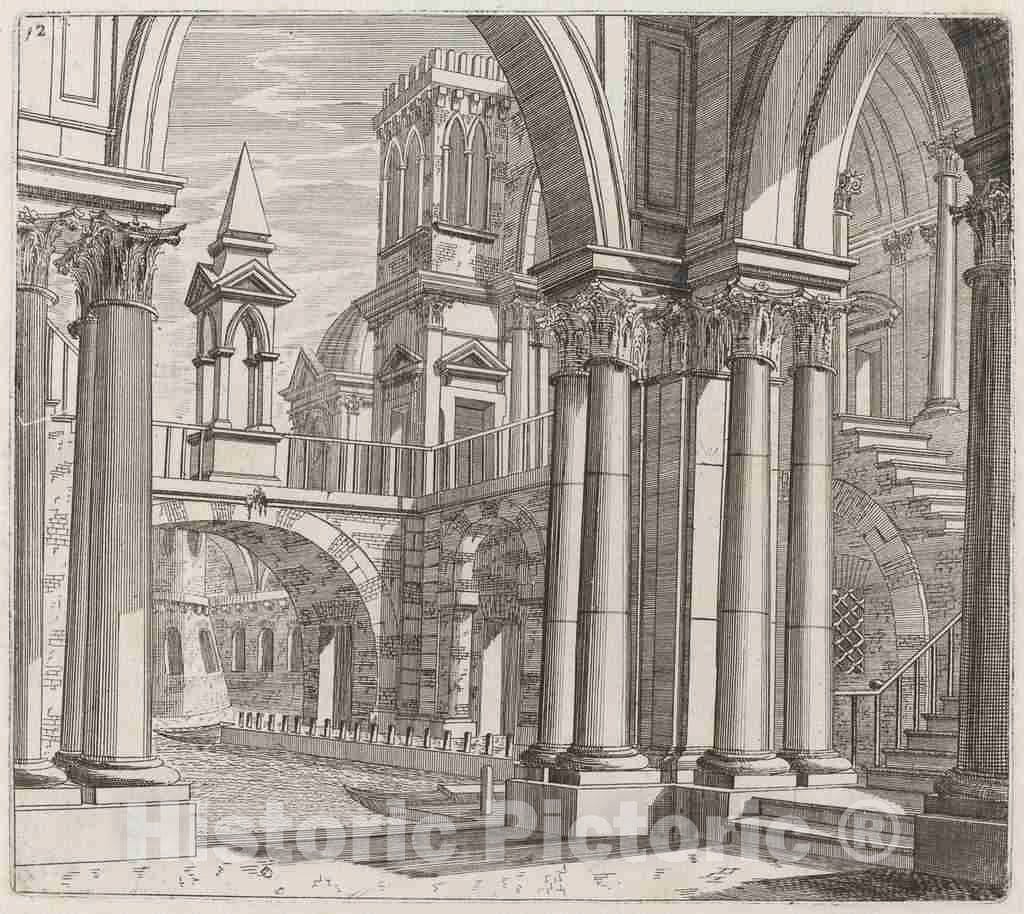 Art Print : Landi, Architectural Fantasy with Buildings, Stairways, and Portals Beside a Canal, Before 1753 - Vintage Wall Art