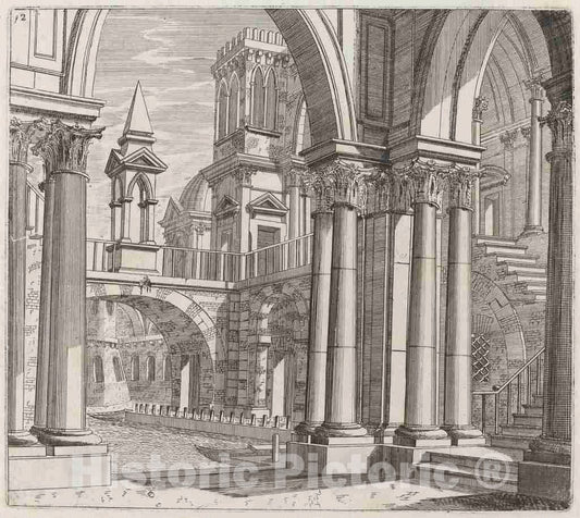Art Print : Landi, Architectural Fantasy with Buildings, Stairways, and Portals Beside a Canal, Before 1753 - Vintage Wall Art