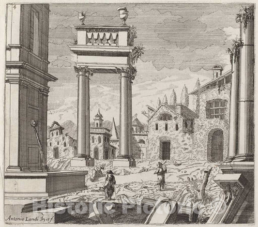 Art Print : Landi, Architectural Fantasy with Classical Ruins and Vernacular Buildings, Before 1753 - Vintage Wall Art